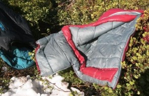 These heavy winter synthetic-fill sleeping bags were slightly damp from condensation inside a tent. They dried quickly in the sunlight, even though it wasn't warm outside. 