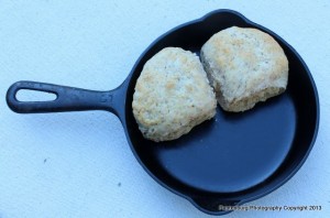 Crowd the biscuits into a tall skillet so the dough will rise upward. There were originally four biscuits in this batch, but they looked and smelled so good, I ate two for breakfast!