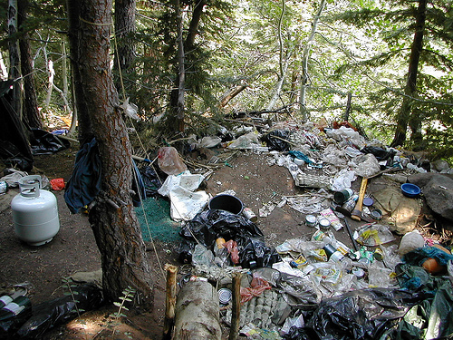 A small portion of the garbage and debris left in the forest at a drug trafficking organization's marijuana grow site on the Shasta-Trinity National Forest in California. (US Forest Service photo)