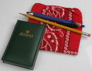 The memo book is the base for a hip pocket notebook. Along with the writing implements and a bandana, this is a group of everyday carry items. (Pantenburg photo)