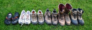 My footwear: flip-flops, running shoes, Merrill walking shoes, Danner day hikers, Cabellas Outfitters and Sorel snow boots. One of these pairs of shoes will take care of my needs.