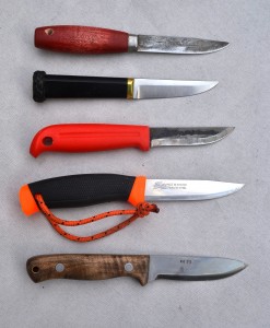 These are my favorites: from top, Standard, Jim Grenfell's Pukka, Hell 571, Troop 18 Mora, and C.T. Fischer custom knife.