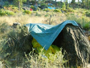 This shelter used natural materials, a tarp and Les Schwab tire bags.