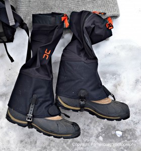 These gaiters are preferred - they have adjustable instep buckles, front zippers, and zip closed from top to bottom.