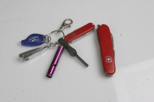 On the keyring: LED flashlight, fingernail clippers, whistle, Boy Scout Hot Spark and Classic Swiss Army knife. The other, large Swiss Army knife rides in a pouch on my belt.